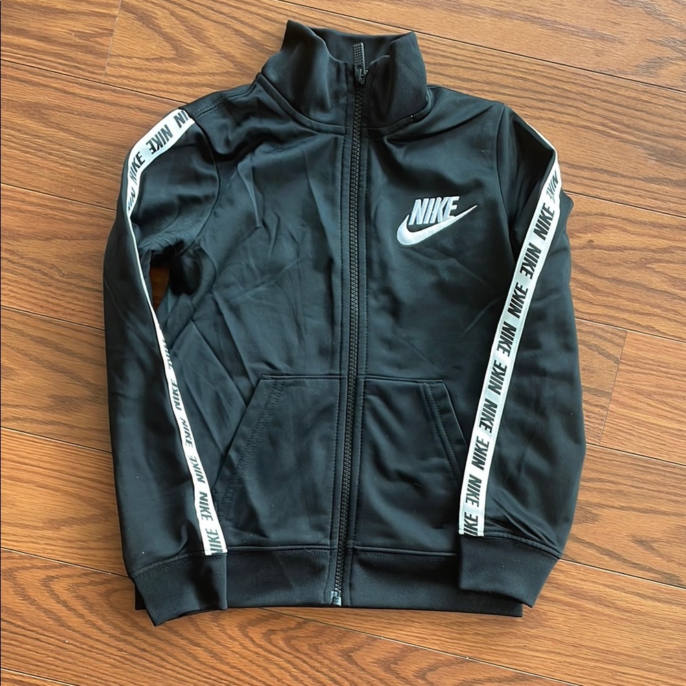 Nike Black Jacket with White Logo and Stripes